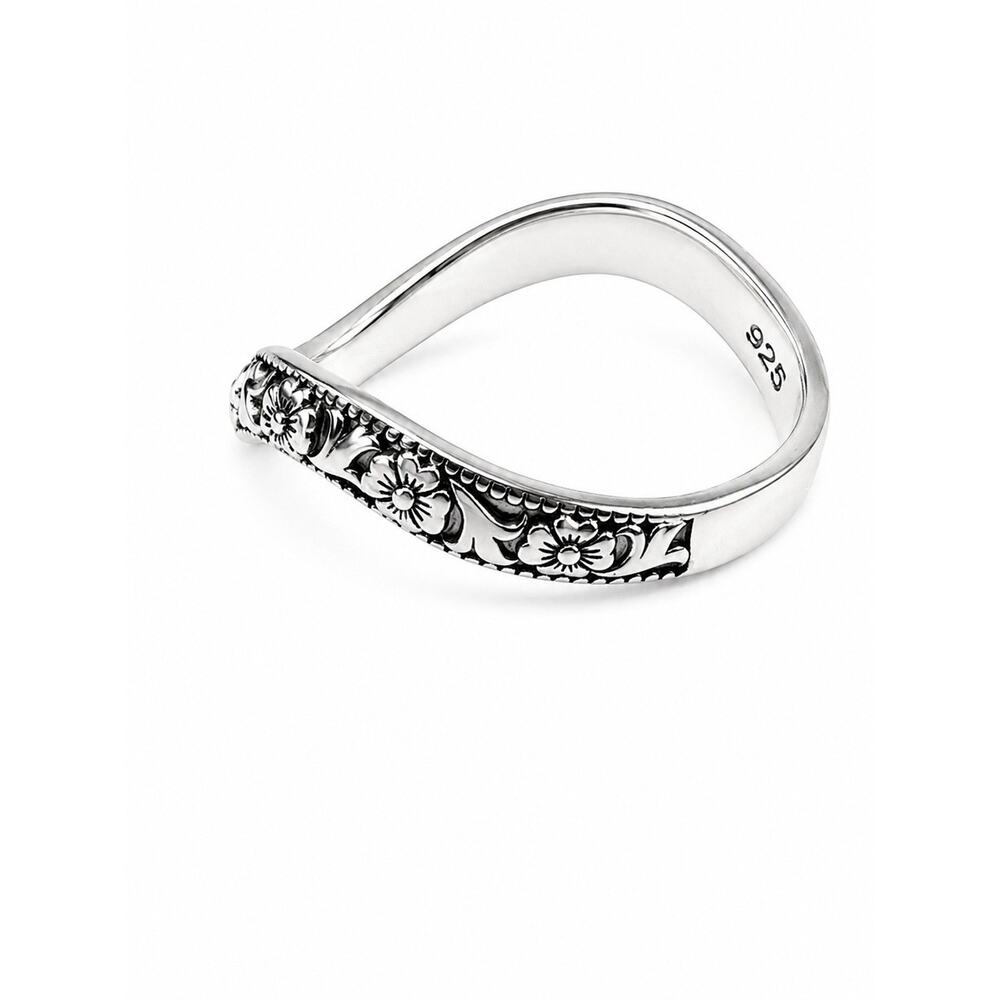 Sterling Silver Chevron Floral Ring Size 6 Curved V Band Wedding Stacker Boho - Picture 7 of 12